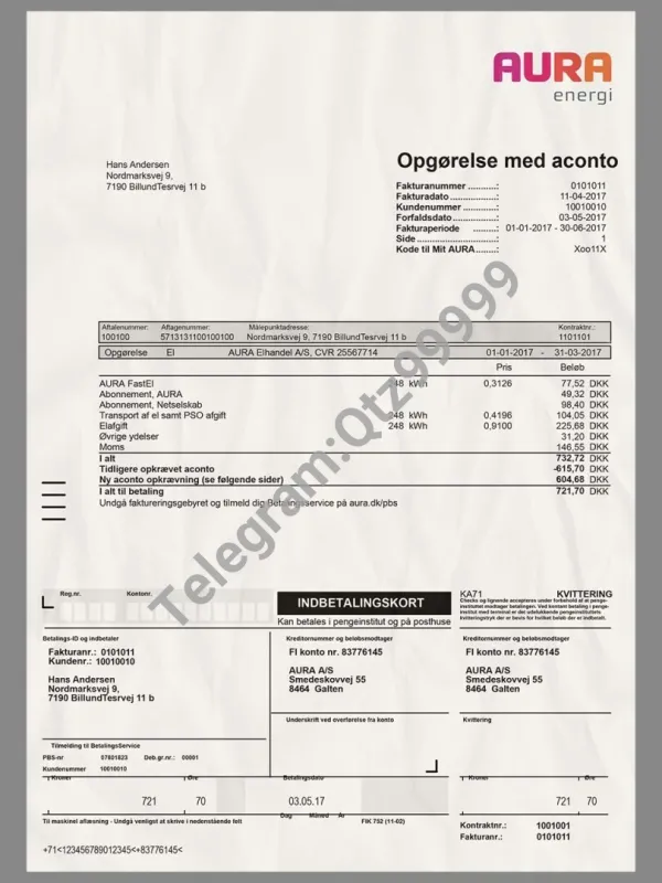 欧盟|Denmark AURA Energy Utility Bills丹麦水电费账单/KYC地址证明PSD/PS模板