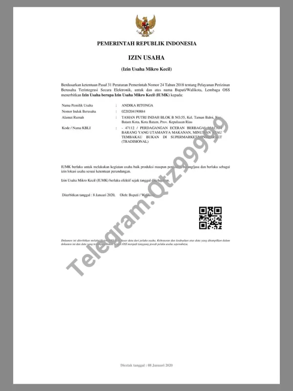 东南亚|Indonesia Micro Company Certificate印度尼西亚小微企业营业执照PDF模板