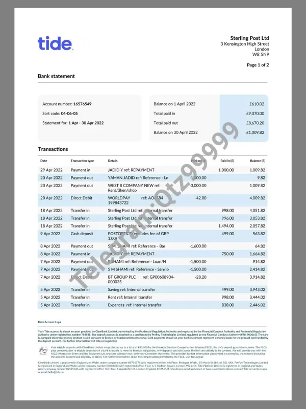 UK Tide Bank Business Statement英国公司银行账单/地址证明pdf模板