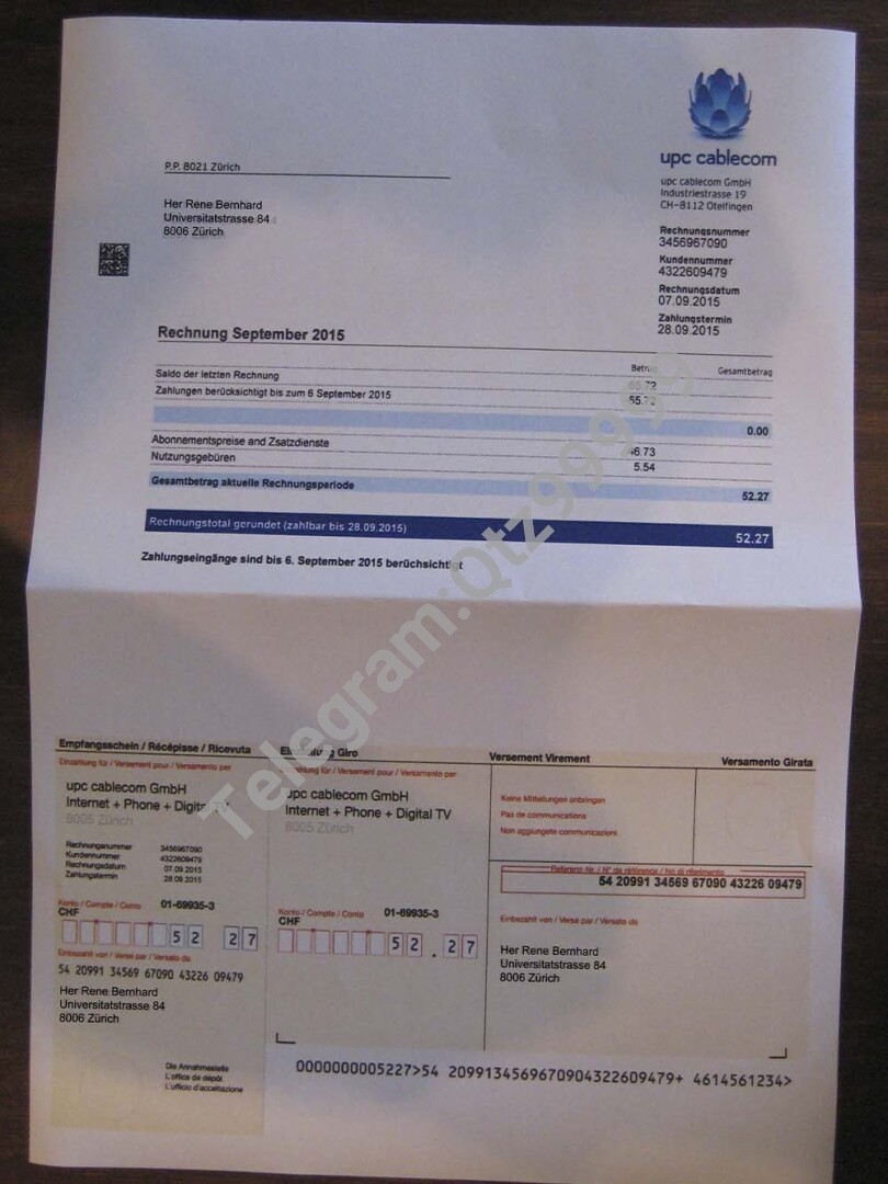 欧盟|Switzerland UPC Cablecom Internet Bills瑞士电视/宽带/话费账单ps/psd模板 高清原件/PDF/PSD下载 - 地址证明风控解除