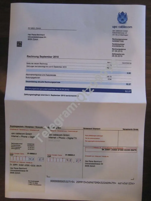 欧盟|Switzerland UPC Cablecom Internet Bills瑞士电视/宽带/话费账单ps/psd模板