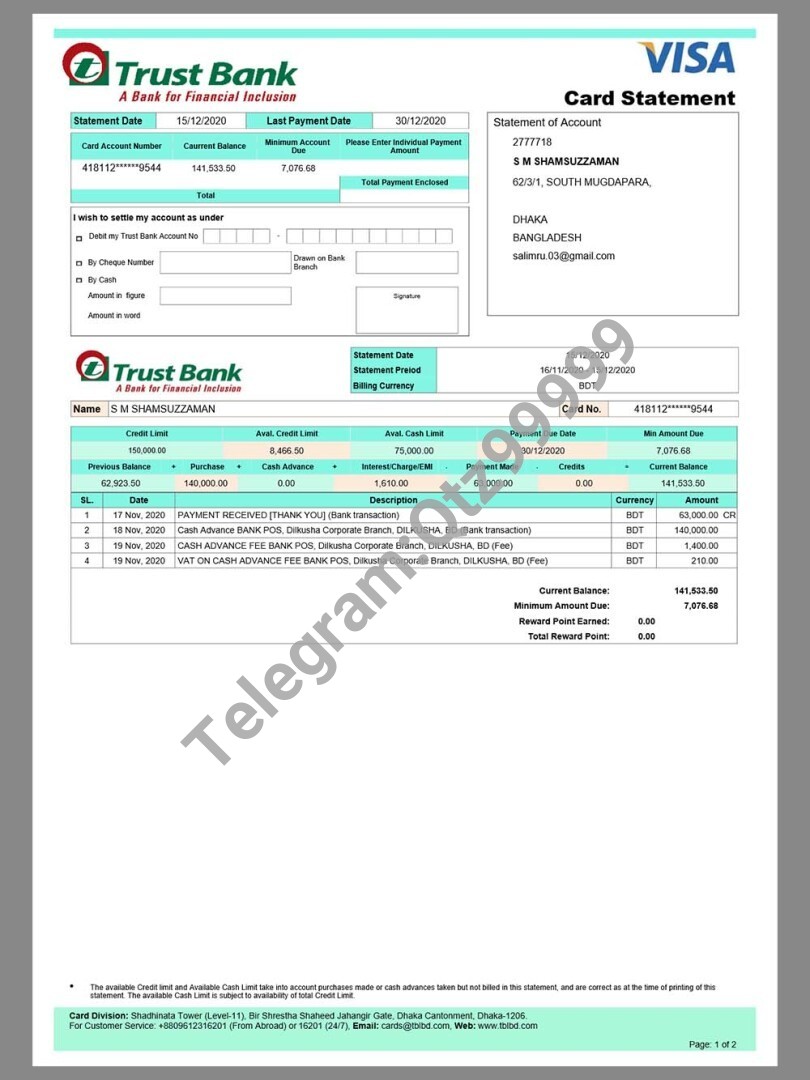 南亚|孟加拉 Bangladesh Trust Bank Statement银行账单/KYC地址证明word/pdf模板