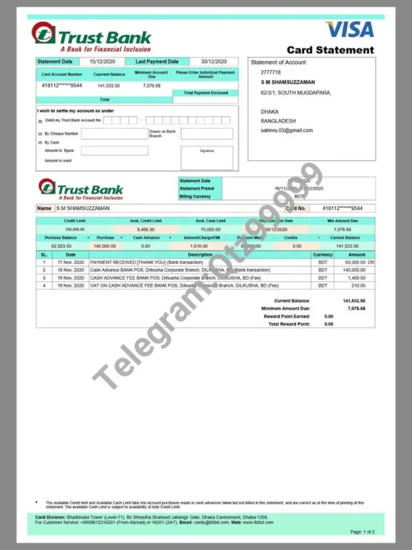 南亚|孟加拉 Bangladesh Trust Bank Statement银行账单/KYC地址证明word/pdf模板