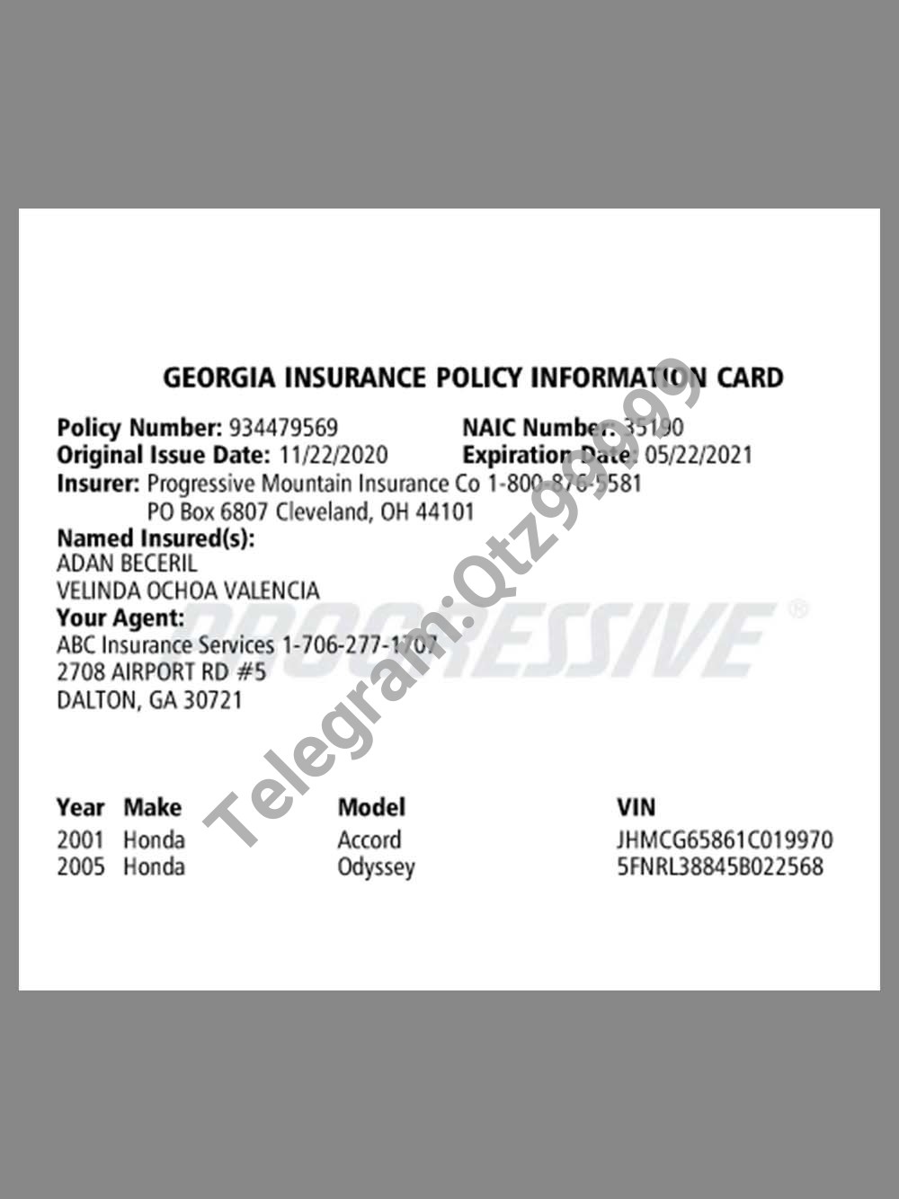 USA Georgia Auto Insurance Policy Infomation Card美国乔治亚州车辆保险政策信息卡pdf模板