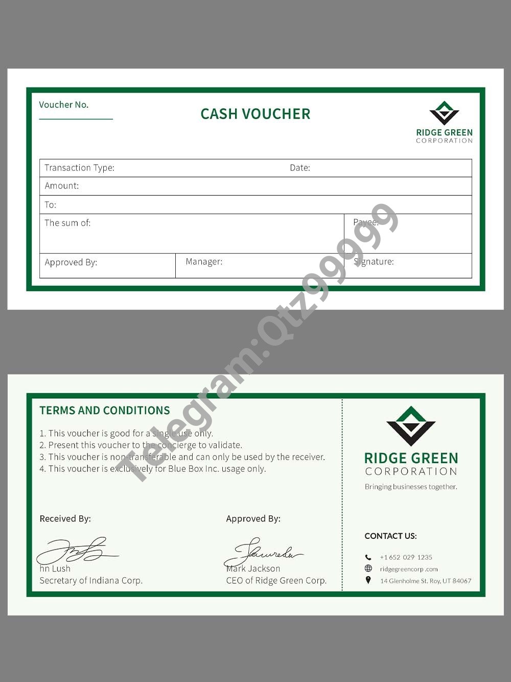 Ridge Green Corporation Cash Voucher公司代金券psd模板 高清原件/PDF/PSD下载 - 地址证明风控解除