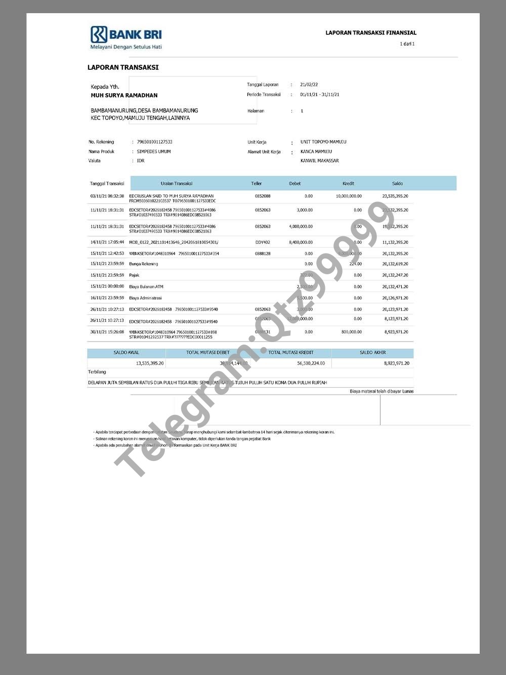 Indonesia BRI Bank Statement印度尼西亚银行账单word模板