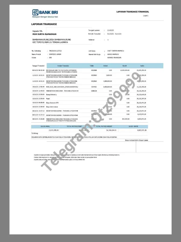 Indonesia BRI Bank Statement印度尼西亚银行账单word模板