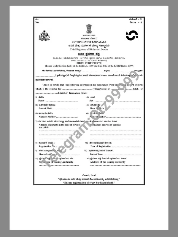 南亚| India Birth Certificate Template印度出生证明PDF模板