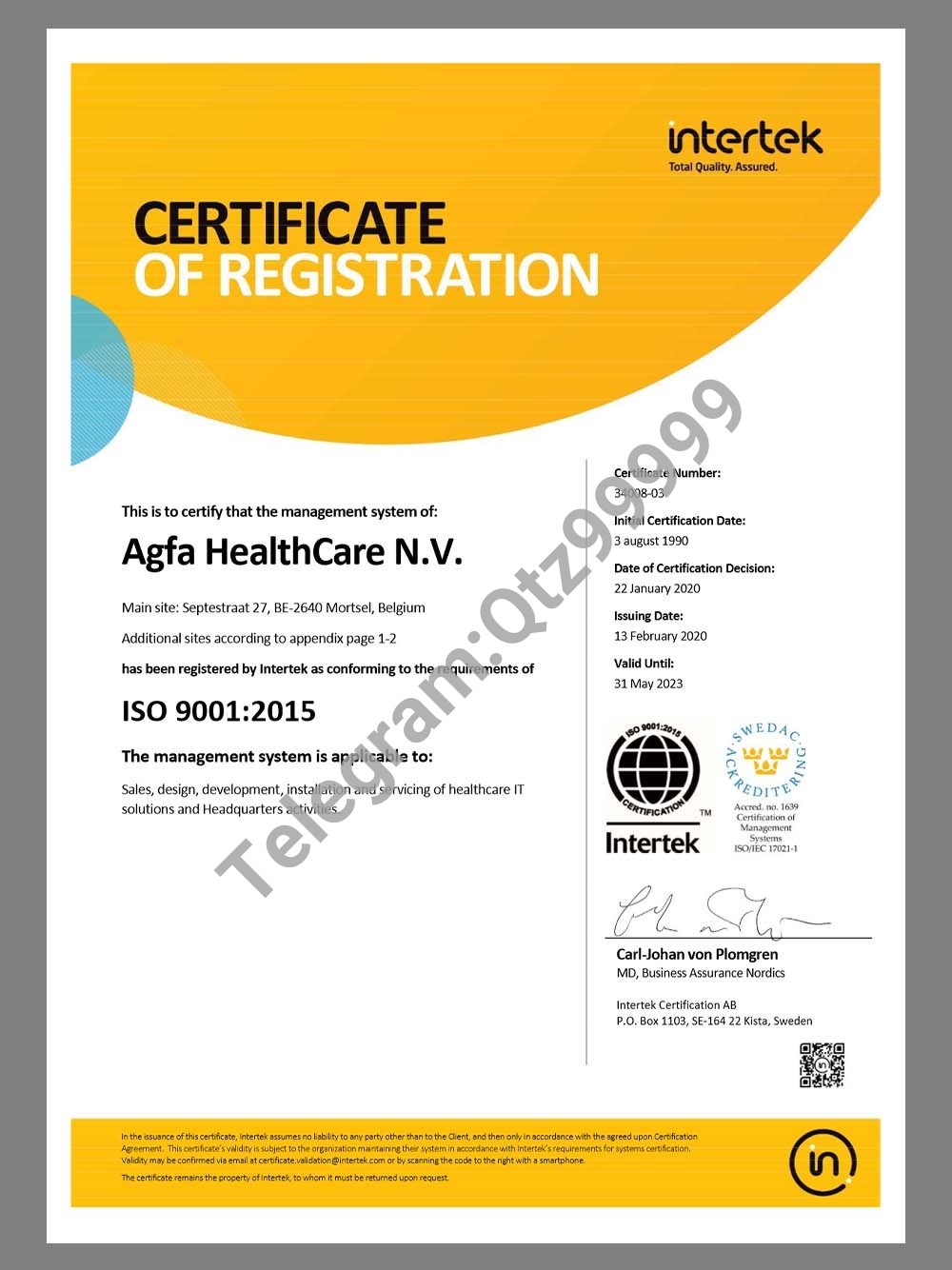 Intertek Certificate of Registration(ISO 9001)英特泰克认证质量管理体系认证证书pdf模板 高清原件/PDF/PSD下载 - 地址证明风控解除