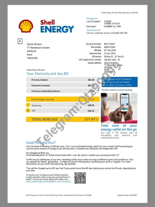 欧洲|UK Shell Energy Utility Bills英国壳牌石油能源账单pdf模板