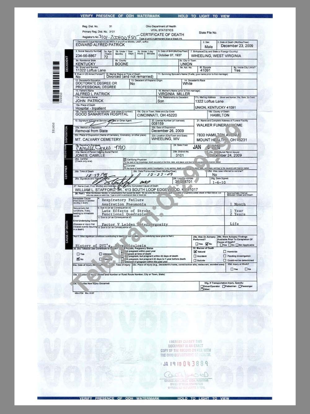 USA Ohio Death Certificate美国俄亥俄州死亡证明pdf模板 高清原件/PDF/PSD下载 - 地址证明风控解除