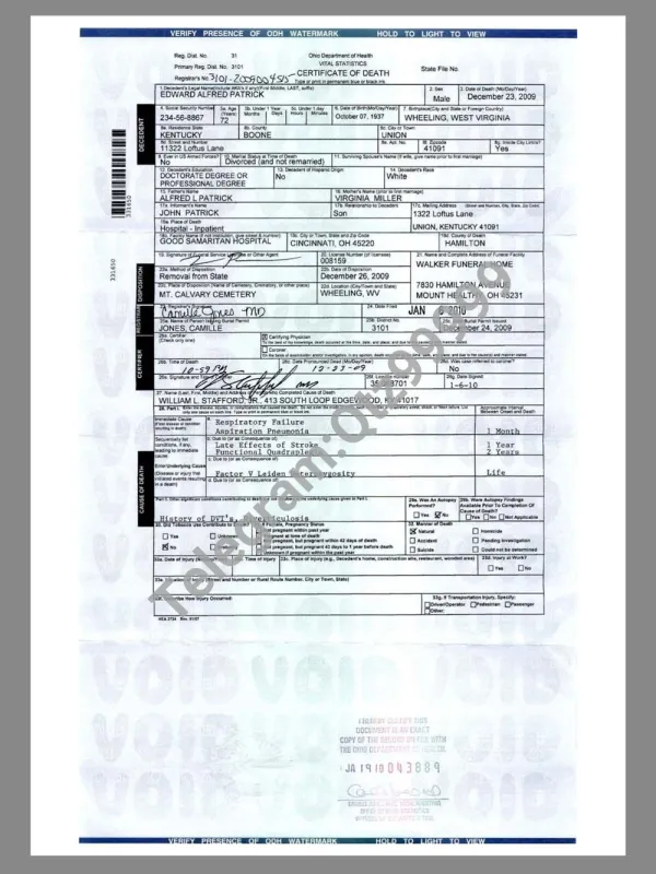 USA Ohio Death Certificate美国俄亥俄州死亡证明pdf预览图