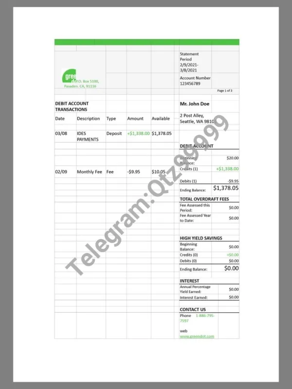 美国Green Dot Bank Statement银行账单/KYC地址证明word模板