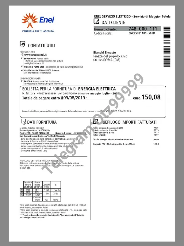 欧盟|Italy Enel Energia Utility Bills意大利水电费账单PS/PSD模板（V2）