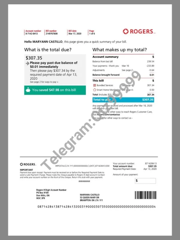北美|Canada Rogers Telecom Utility Bills加拿大话费水电费账单word/pdf模板