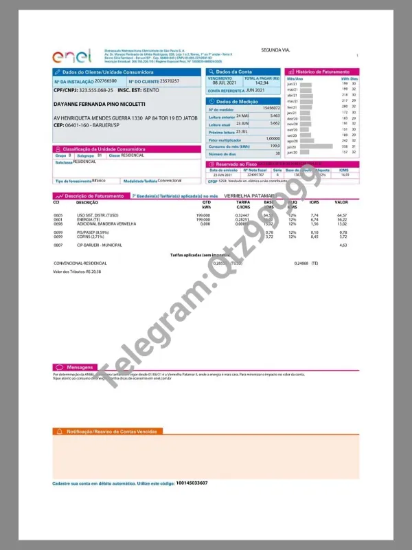 南美|Brazil Enel Utility Bills巴西水电费账单/KYC地址证明pdf模板