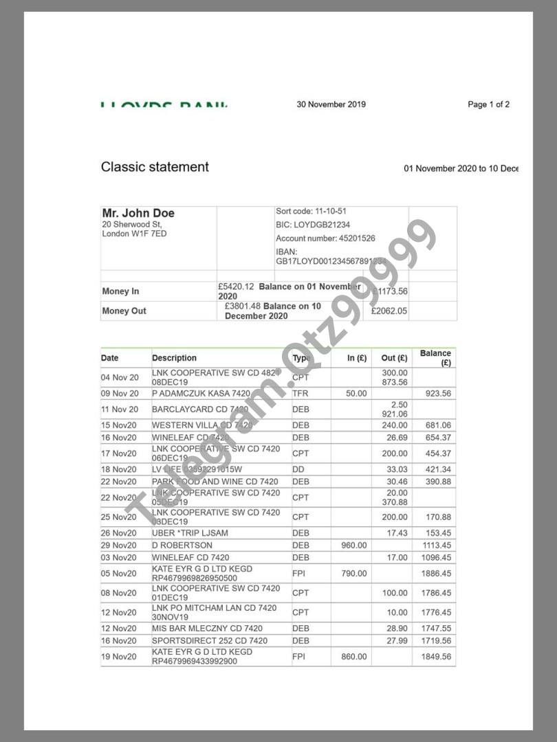 英国UK|USA Lloyds Bank Statement银行账单/KYC地址证明word模板 高清原件/PDF/PSD下载 - 地址证明风控解除