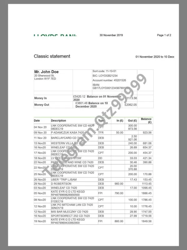 英国UK USA Lloyds Bank Statement银行账单 KYC地预览图