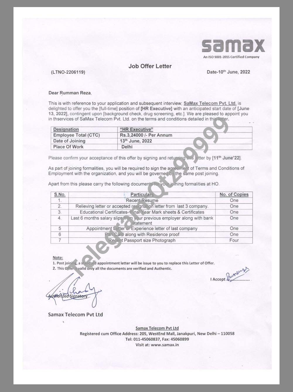 India Samax Telecom Job Offer Letter印度工作邀请函PDF模板