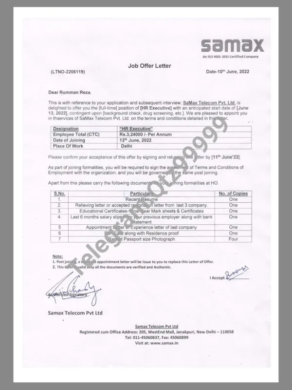 India Samax Telecom Job Offer Letter印度工作邀请函PDF模板