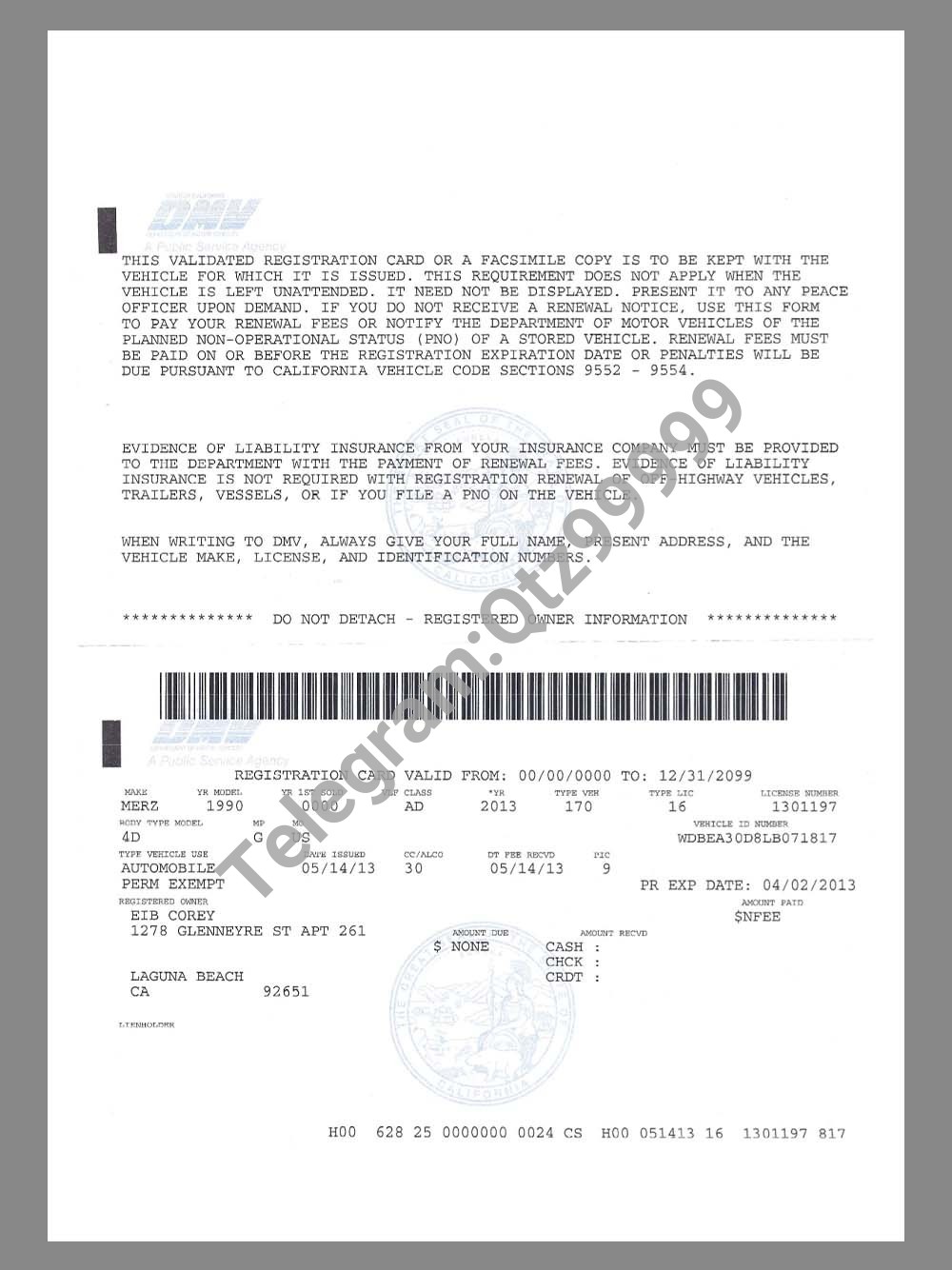 USA California Vehicle Validated Registration Card美国加州机动车辆验证登记卡pdf模板 高清原件/PDF/PSD下载 - 地址证明风控解除