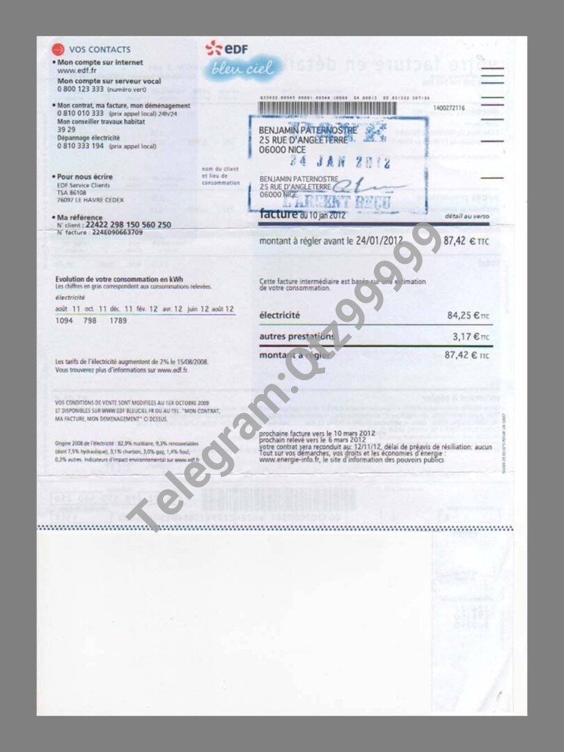 欧盟|法国France EDF Utility Bills水电费账单/KYC地址证明psd模板