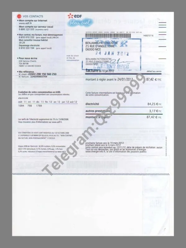 欧盟|法国France EDF Utility Bills水电费账单/KYC地址证明psd模板