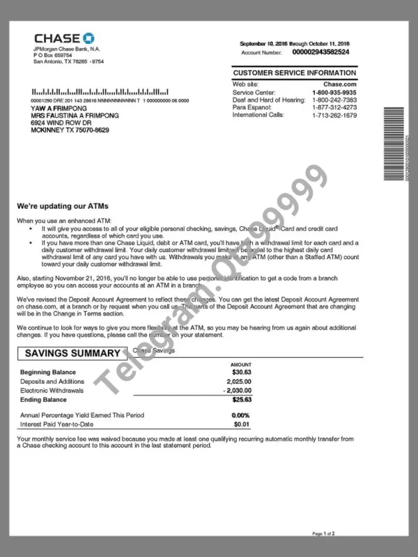 Chase Bank Statement摩根大通旗下银行账单/KYC地址证明psd模板 V2