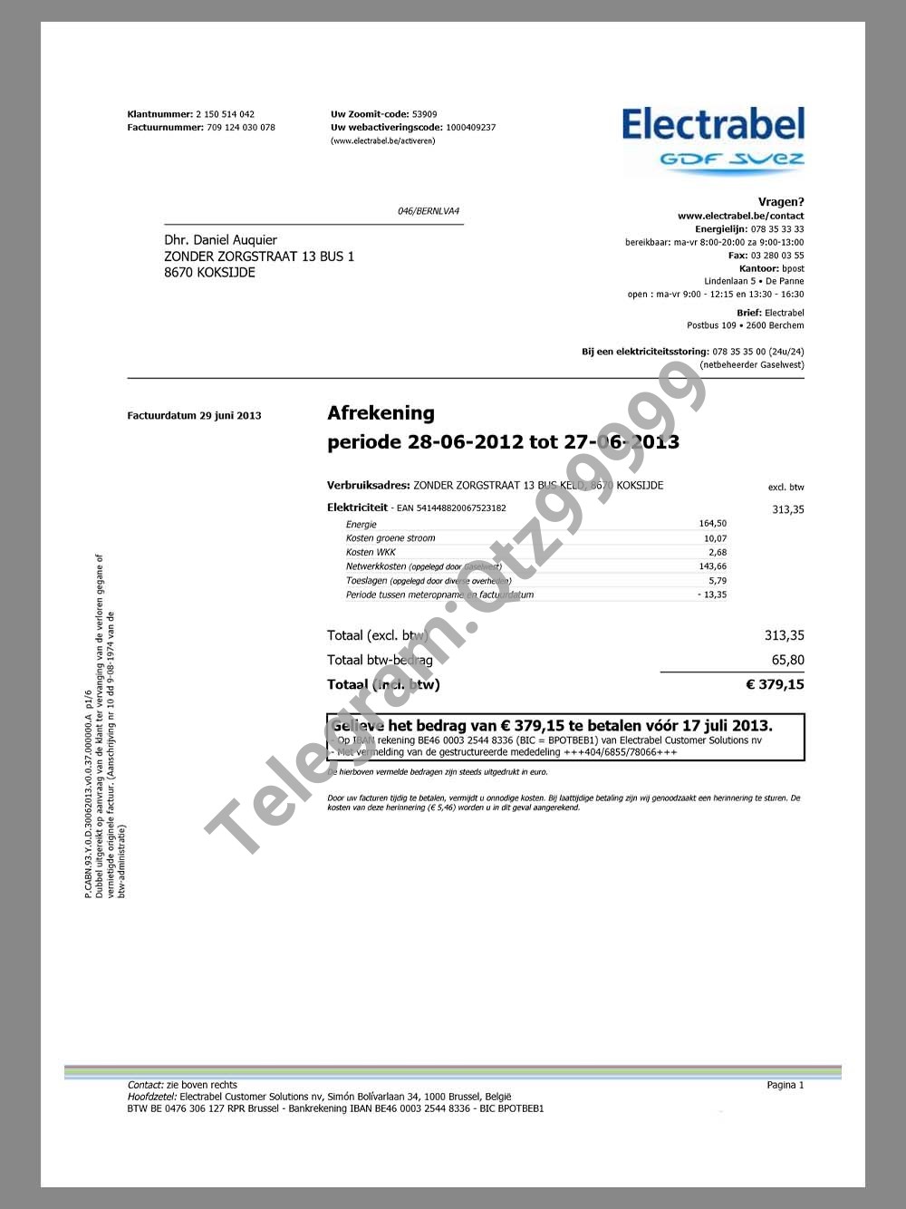 欧盟|Belgium Electrable Utility Bills比利时水电费账单/KYC地址证明pdf模板