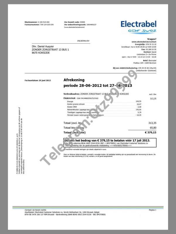欧盟|Belgium Electrable Utility Bills比利时水电费账单/KYC地址证明pdf模板