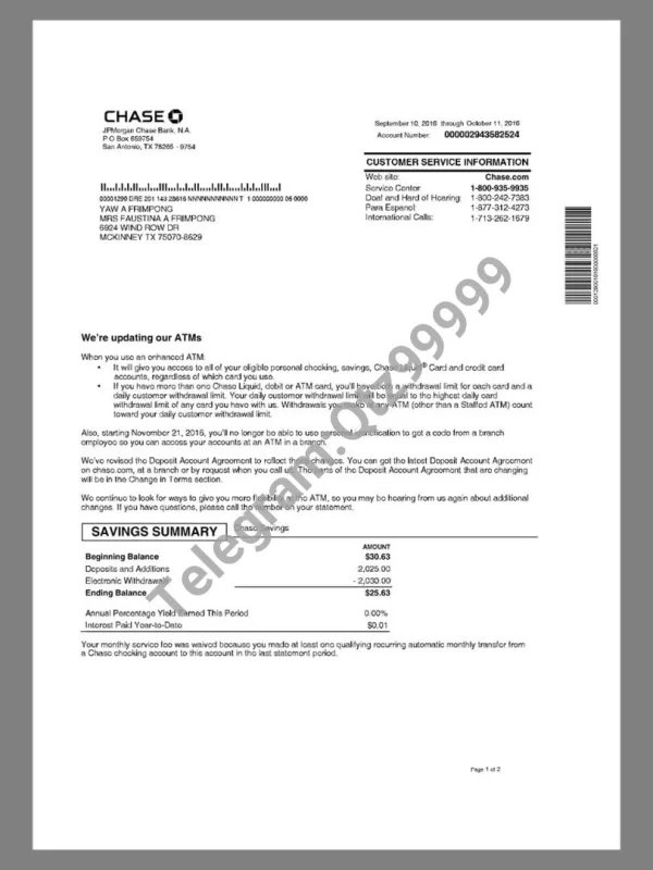 Chase Bank Statement摩根大通旗下银行账单/KYC地址证明pdf/psd模板