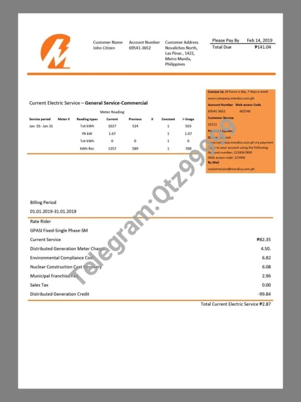 东南亚|Philippines菲律宾马尼拉电力公司 Meralco Utility Bills水电费账单/KYC地址证明word模板