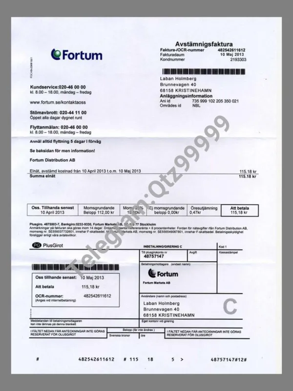 北欧|芬兰Finland Fortum Energy Utility Bills水电费账单/KYC地址证明psd模板