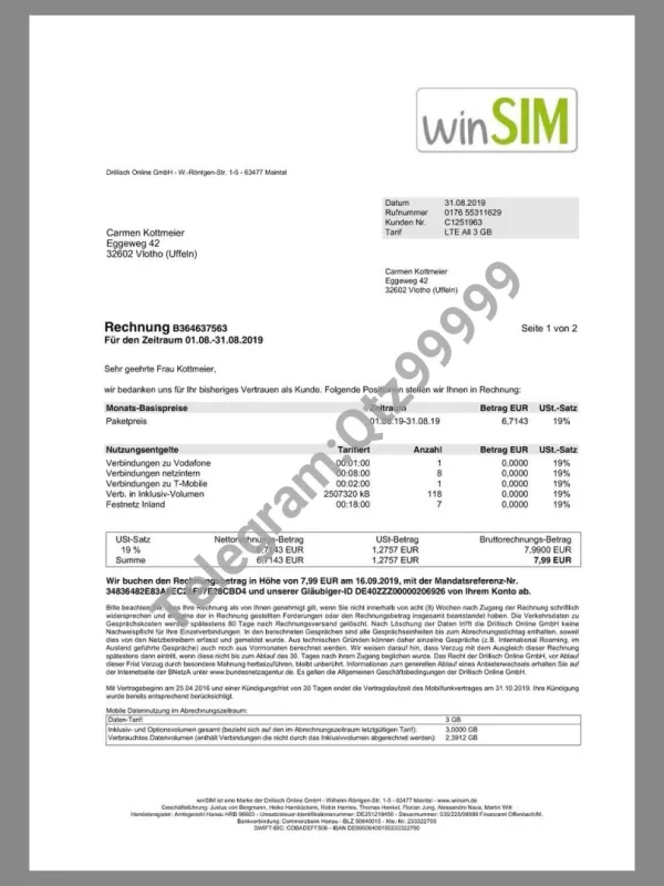 欧盟|Germany WinSIM Mobile Invoice德国话费账单/KYC地址证明pdf模板