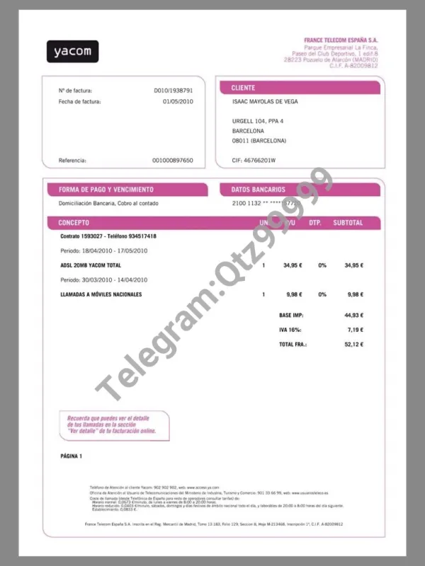 欧盟|Spain Orange España Telecom Utility Bills西班牙话费账单/地址证明pdf模板