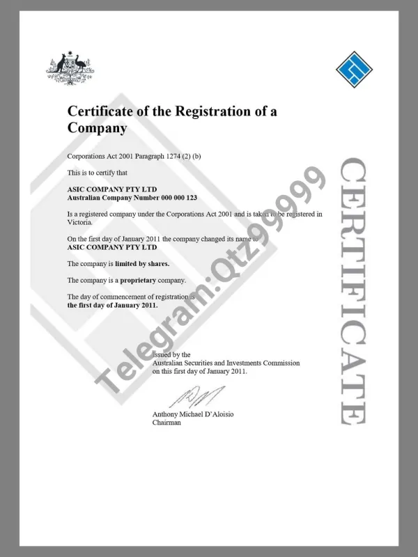 Australian Company Certificate of Registration澳大利亚公司注册证pdf模板