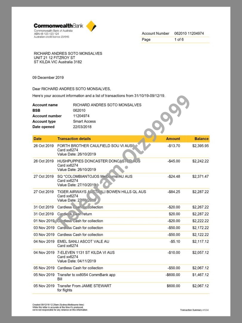 澳大利亚联邦银行Commonwealth Bank Statement V2银行账单/KYC地址证明word/pdf模板 高清原件/PDF/PSD下载 - 地址证明风控解除