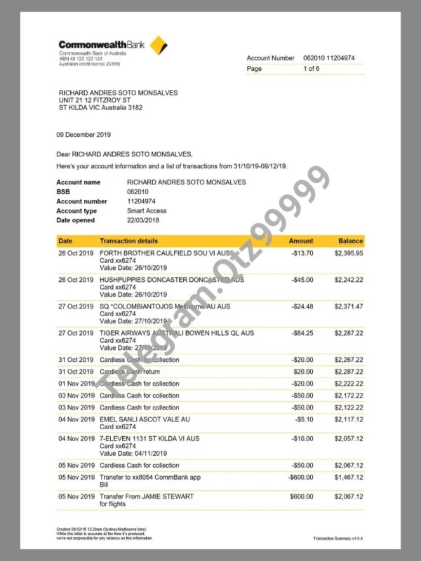 澳大利亚联邦银行Commonwealth Bank Statement V2银行账单/KYC地址证明word/pdf模板
