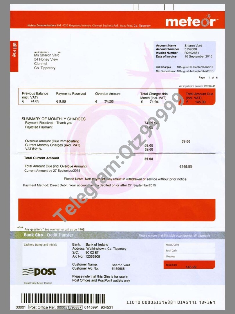 欧盟|Ireland Meteor Mobile Invoice爱尔兰网费/话费账单PSD/PS模板 高清原件/PDF/PSD下载 - 地址证明风控解除