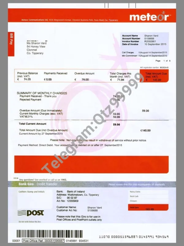 欧盟|Ireland Meteor Mobile Invoice爱尔兰网费/话费账单PSD/PS模板