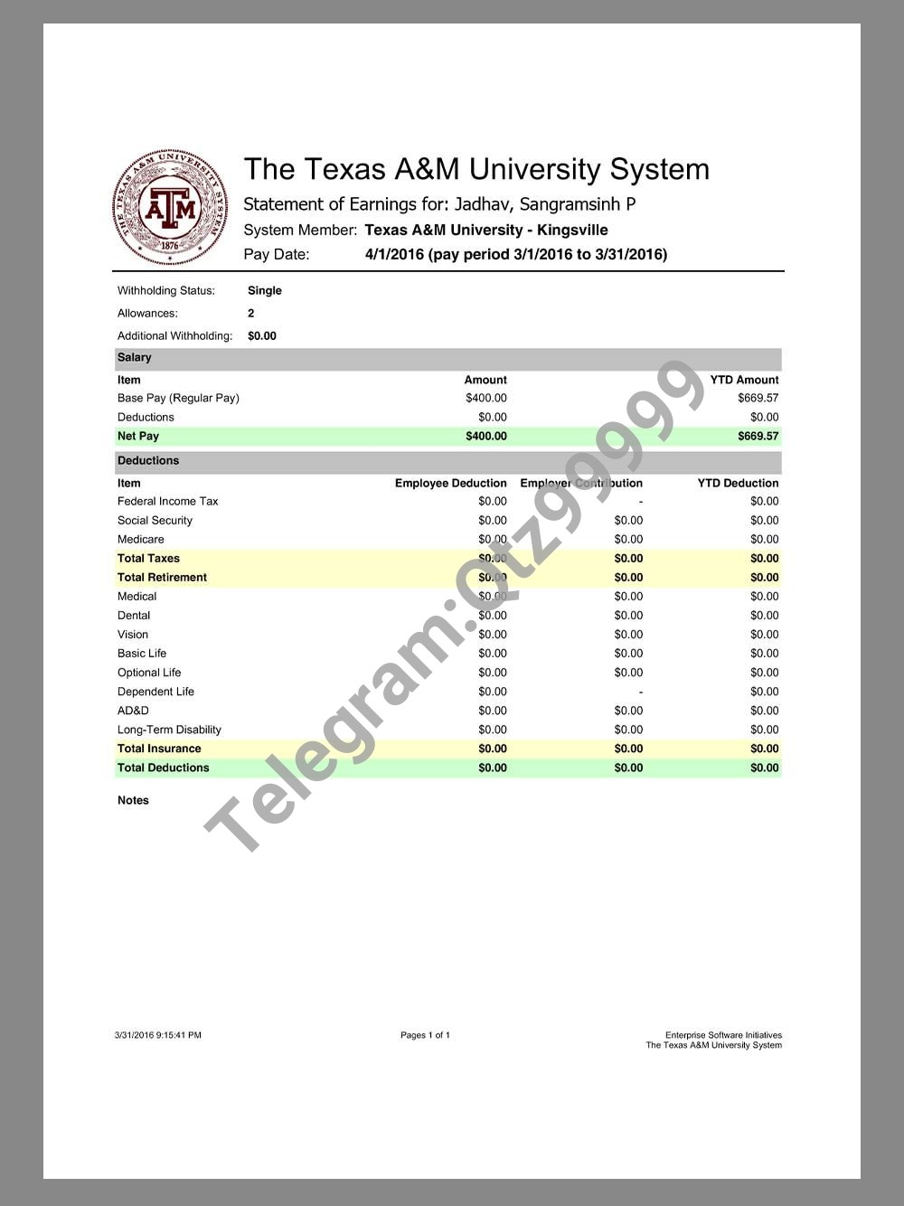 The Texas A&M University Paystub美国大学教授收入证明/工资账单PDF模板