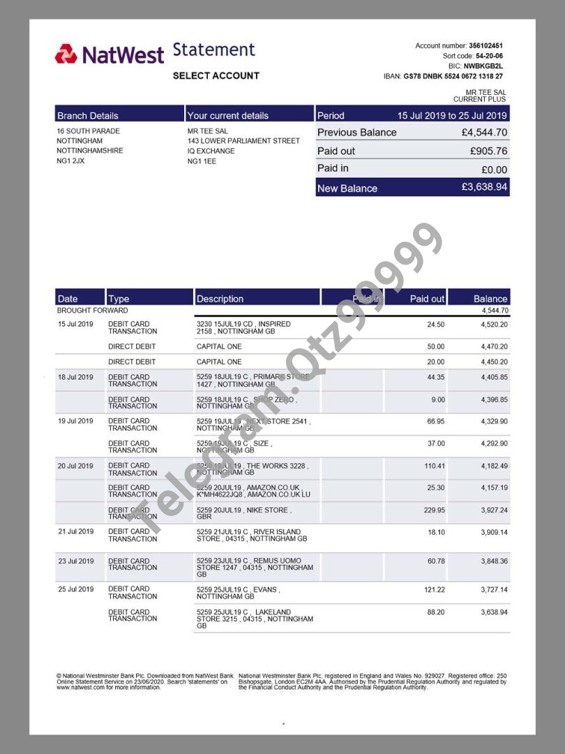 英国NatWest Bank Statement银行账单/KYC地址证明word模板 高清原件/PDF/PSD下载 - 地址证明风控解除