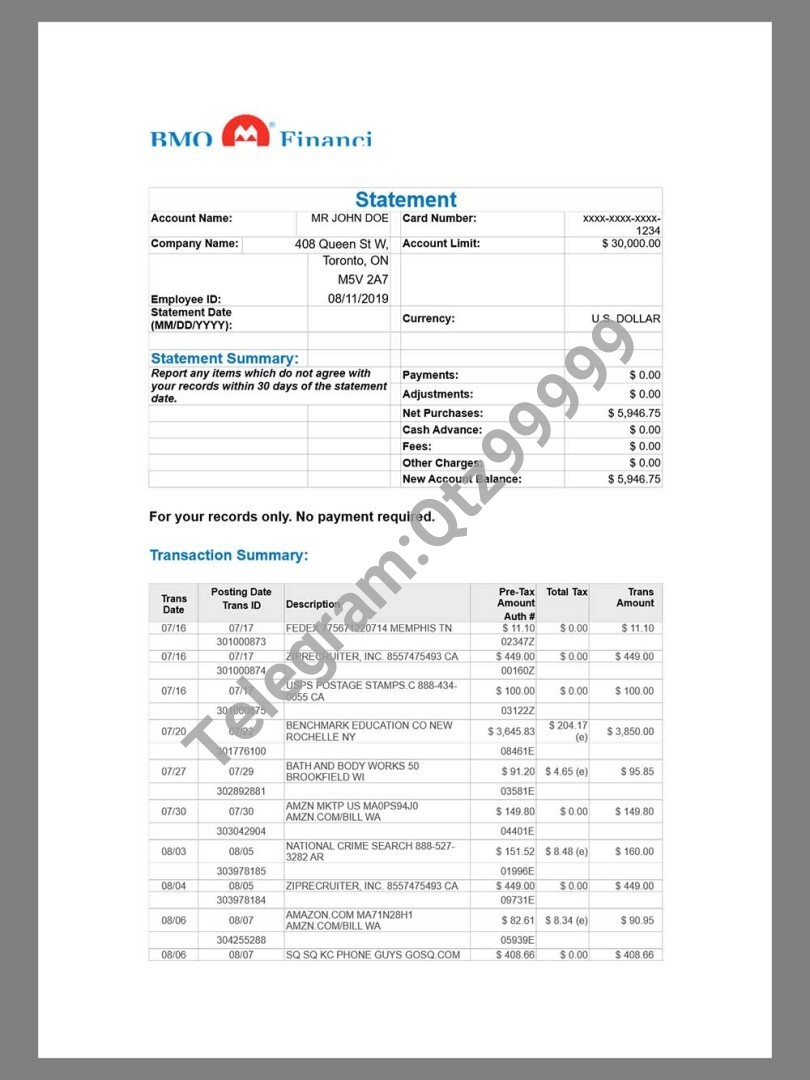 BMO Bank Statement银行账单/KYC地址证明word模板 高清原件/PDF/PSD下载 - 地址证明风控解除
