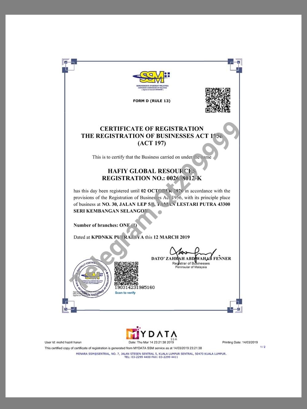 Malaysia Company Certificate of Registration马来西亚公司注册证书pdf模板