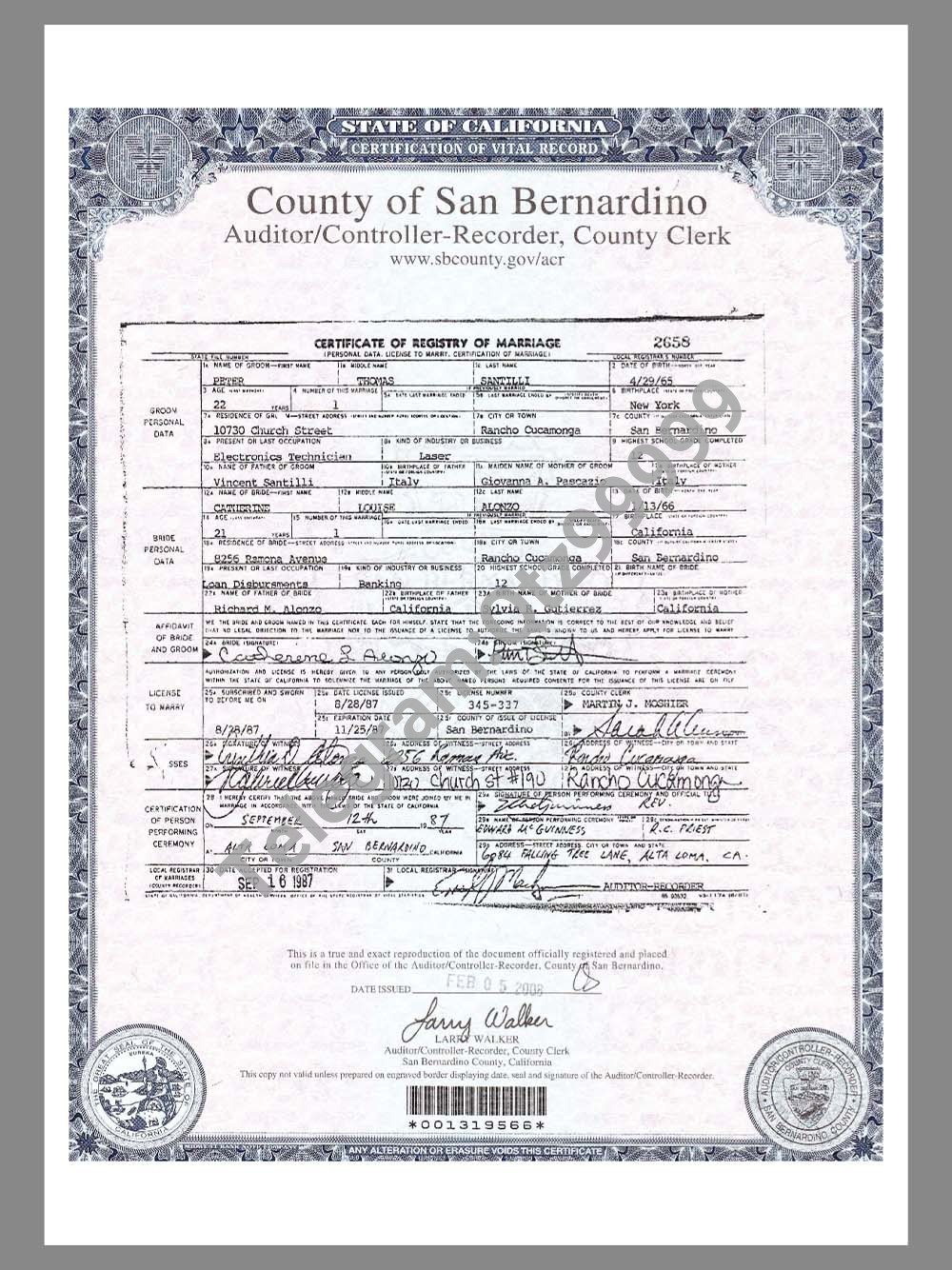 USA California Marriage Certificate美国加州结婚证PDF模板（V2） 高清原件/PDF/PSD下载 - 地址证明风控解除
