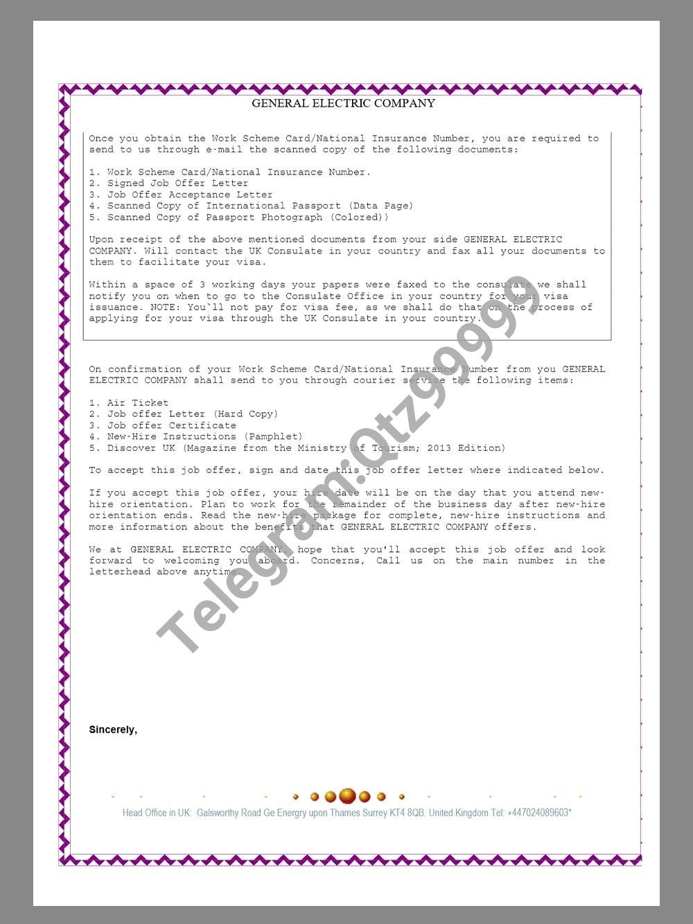 General Electric Company Job Offer Letter通用电气工作邀请函Word模板