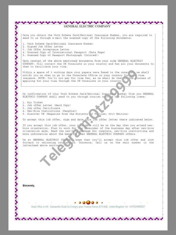 General Electric Company Job Offer Letter通用电气工作邀请函Word模板