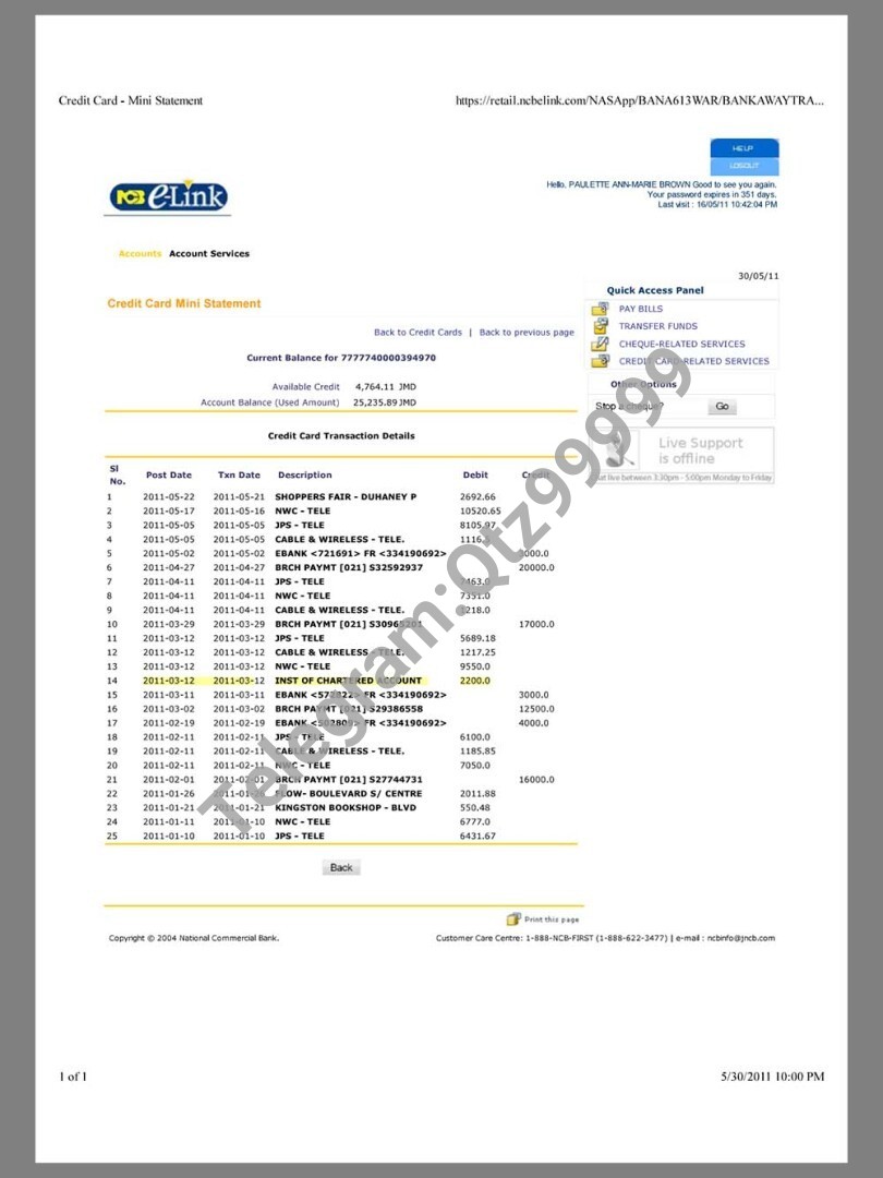 中美|牙买加Jamaica Ncbelink Credit Card Mini Statement银行账单/KYC地址证明pdf/word模板