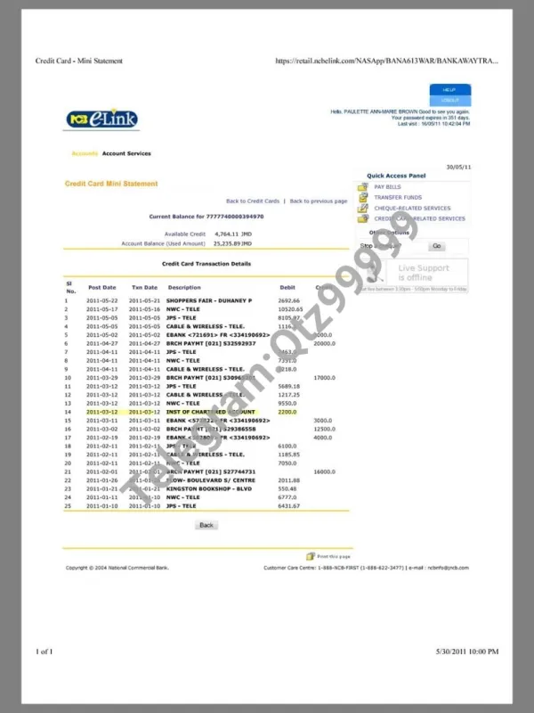中美|牙买加Jamaica Ncbelink Credit Card Mini Statement银行账单/KYC地址证明pdf/word模板