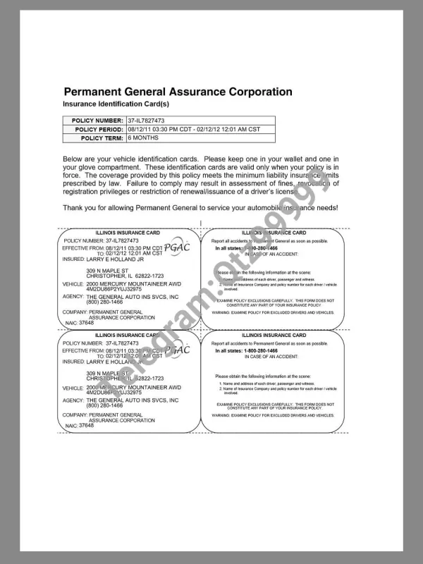 USA PGAC Insurance ID Card美国永久通用车辆保险ID卡pdf模板